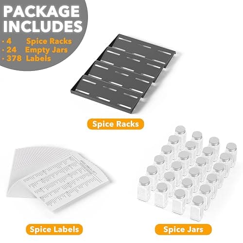 SpaceAid Spice Drawer Organizer with 24 Spice Jars, 378 White Minimalist Spice Labels, 4 Tier Seasoning Rack Tray Insert for Kitchen Drawers, 11.25" Wide x 17.5" Deep thumbnail 5