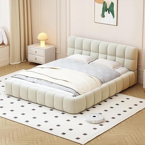 FEEOHOME Lit rembourré 140x190cm, Cadre de lit Double avec sommier à Lattes, lit Jeune à Bulles avec tête de lit rembourrée, Convient aux Matelas de 15-20cm, sans Matelas, Tissu en Lin thumbnail 5