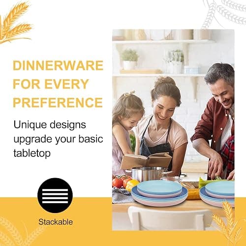 Rubtlamp Wheat Straw Plates and Bowls sets, Reusable Plastic Plate Set for 4, Kitchen Wheat Straw Dinnerware Sets (Spring Four Colors) Include Dinner Platos, Dessert Platos, Cereal Bowls, Cups thumbnail 4