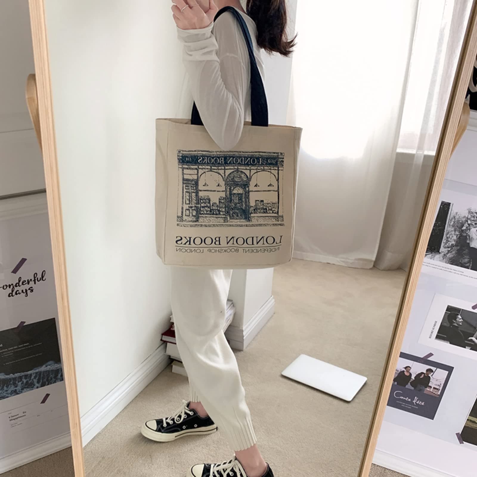 BXCNCKD Vintage London Bookstore Canvas Bag Women's One Shoulder Tote Bag Large Capacity Shopping Bag, Beige, Large thumbnail 2