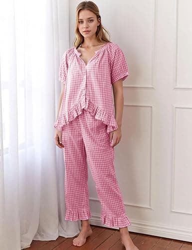 Flygo Womens Plaid 2 Piece Pajamas Sets Gingham Button Down Puff Sleeve Babydoll Shirt Ruffle Pants Y2K Pjs Lounge Set thumbnail 2