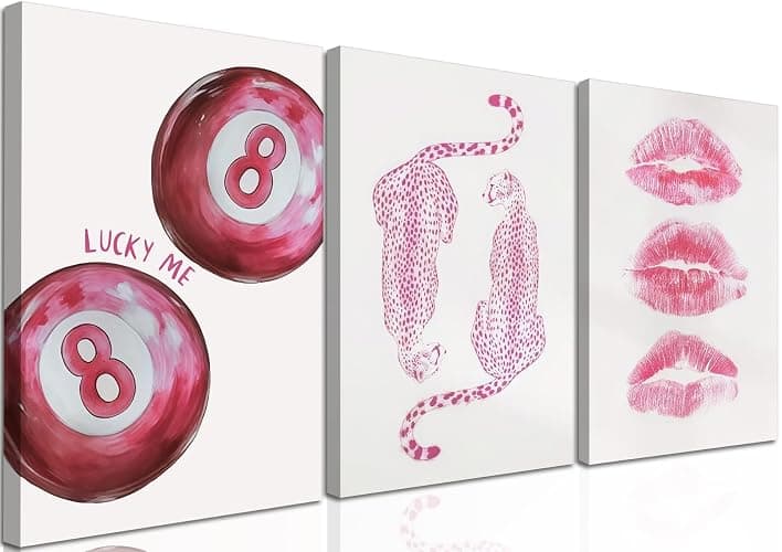 Framed Pink Preppy Canvas Wall Art Set of 3, Trendy Cheetah Pictures Wall Decor, Funky Lucky 8 Ball Coquette Lip Paintings Prints Y2K Girly Aesthetic Home Decor for Living Room Bedroom Dorm 12x16 inch - Image 1