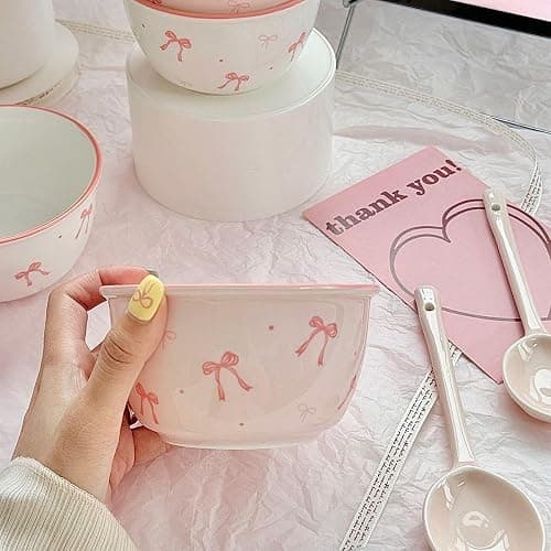 2 Piece Pink Bow Ceramic Bowl Set Underglaze High Color Ceramic Tableware Cute Soup Bowl College Style Dessert Pudding Fruit Salad Decoration Kitchen Decoration Pink White Bowl Couple Bowl Set Dormito thumbnail 2