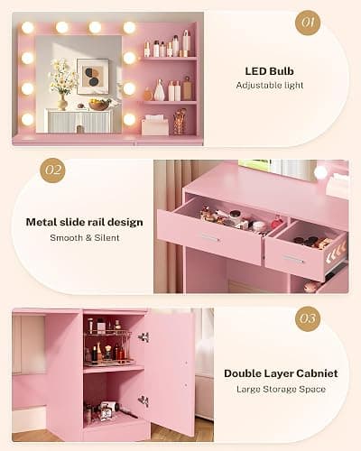 LIVELYGLOW Lighted Makeup Vanity Desk, 35.4“W x 15.7'”D x 54“H, Pink (with Lights and Mirror, Dimming Fuction, 2 Drawers and 1 Cabiniet, Open Shelves) thumbnail 6