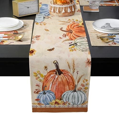 Fall Leaves Pumpkin 90inch Table Runner with Placemats Set, Thanksgiving Farmhouse Washable Non-Slip Cotton Linen Table Runners and Heat Resistant Matching Table Mat Set for Dining Table/Kitchen - Image 1