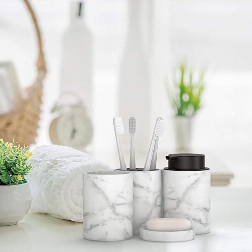 bonVIVO Bathroom Accessories Set – 4-Piece Marble Look Bathroom Set with Soap Dish, Dispenser Pump, Toothbrush Holder & Tumbler – Luxury Bathroom Accessory Set Black/Marble Finish thumbnail 7