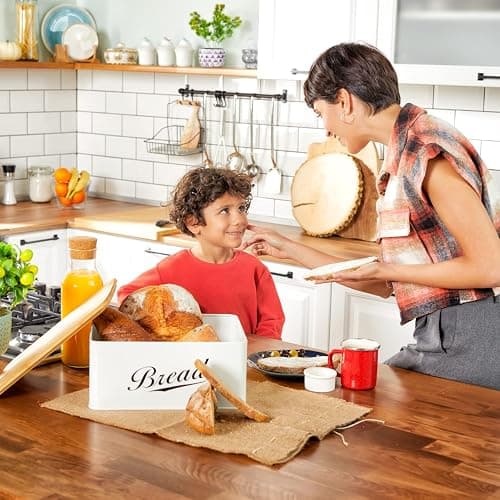 RoyalHouse Modern Metal Bread Box with Bamboo Cutting Board Lid, Bread Storage Container for Kitchen Counter, Vintage Kitchen Decor Organizer thumbnail 7