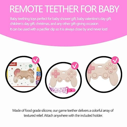Cool Remote Game Control Teething Toy for Babies 0-6 6-12 Months,Game Controller Teether for Gamer Parents,Baby's First Valentines Day Gifts,Silicone Remote Chew Toys（Pink thumbnail 5