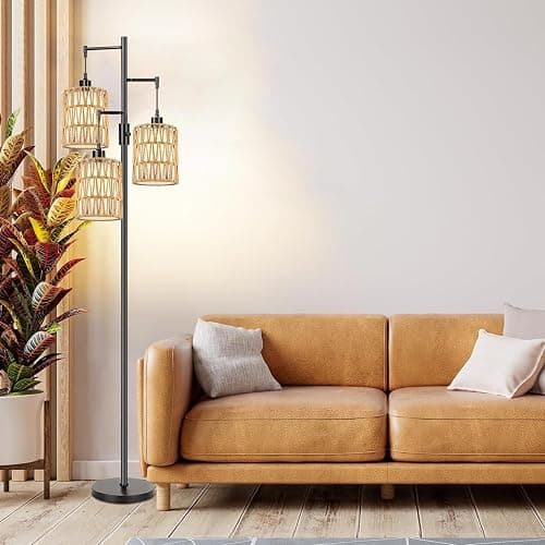 ZECOXOL Boho Floor Lamp for Living Room Bedroom-3 Light Dimmable Floor Lamp with Three Led Bulb, Rustic Tall Lamp Black Standing Lamp Tree Floor Lamps for Living Room Bedroom,Office,Corner thumbnail 6