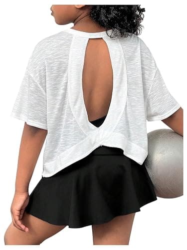 QJQ Girl's Open Back Workout Tees Cut Out Short Sleeve Crew Neck Loose Fit Running T Shirts - Image 1