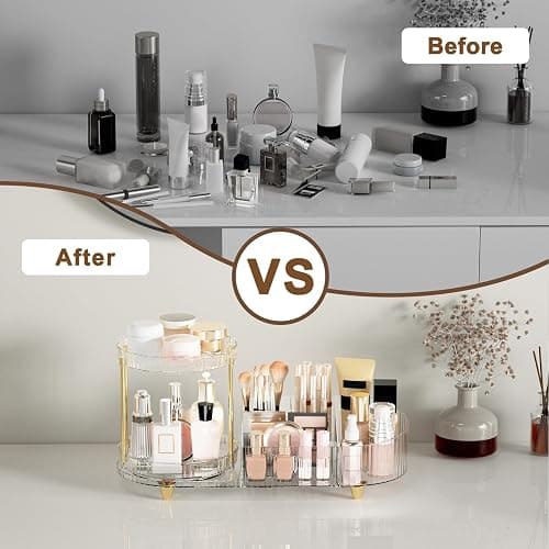 Makeup Organizer Countertop for Vanity, Rotating Perfume Tray with 5-compartment Cosmetic and Skincare Organizers, Multi-Purpose Desk Storage Makeup Brush Holder for Bathroom Bedroom Counter thumbnail 3