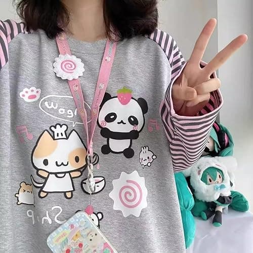 Dynict Y2k Cute Sweatshirts for Women Harajuku Kawaii Striped Sweatshirts Cartoon T-shirts thumbnail 6