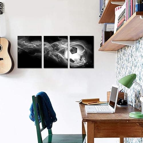 Biuteawal 3 Piece Sport Canvas Wall Art Football Soccer Picture Printed Canvas Painting for Teenager's Boys Bedroom Decor Black White Home Office Living Room Artwork 12x16inchx3pcs thumbnail 2