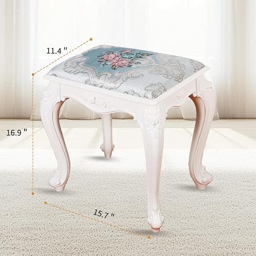 DJHVJS 17 in Vanity Stool, Modern Elegant Makeup Chair with Embroidered Concave Seat Surface, Lightweight PVC Vanity Chair, Capacity 300lb, Assembles in Minutes(White, 5.7lb) thumbnail 2