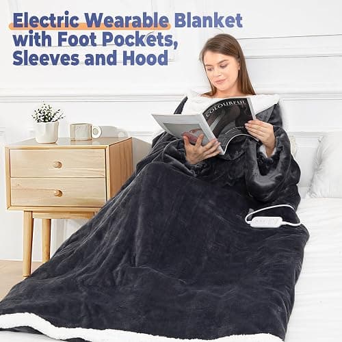 Wearable Heated Blanket with Foot Pocket, Electric Wearable Throw Blanket with Sleeves, Hood, Portable Heated Blanket with 8 Heat Settings, 1-10 Hours Auto Shut-off, Gift for Family, Friends, 50*70" thumbnail 8