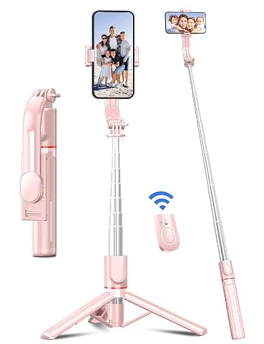 Selfie Stick mit Verbessertem Stativ [2023 Ganz Neues Entwurf] Selfie Stange aus Aluminium Handy Stativ mit Abnehmbarer Fernbedienung um 360° Drehbar für iPhone Samsung, Action-Kamera GoPro (Rosa) - Image 1