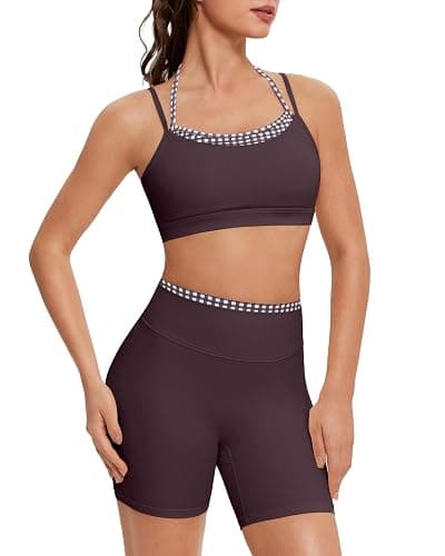 OMKAGI Workout Sets for Women Cute Doubel Layer Sports Bra Top Gym Outfits | Sexy Open Back Workout Tops Matching Gym Sets, Cute 2 Piece Workout Sets, soft Elastane, High Impact Biker Shorts Gym Outfit - Image 1