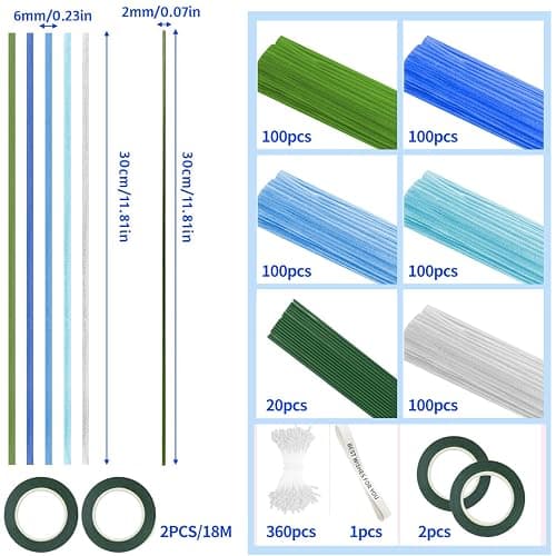500 Pcs Pipe Cleaners Craft，5 Colors Pipe Cleaners Bulk,Chenille Stems Flowers Craft kit for DIY Handmade Bouquet Wrapping Party Decorations whit Ribbons，Stems,Tape，Stamens, Glue Sticks (Blue) thumbnail 2