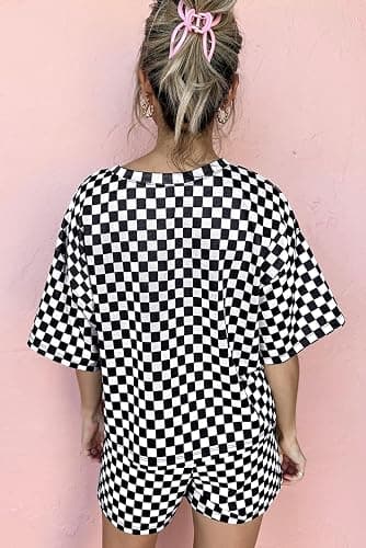 SELINK Womens 2 Piece Outfits Casual Checkered Top and Short 2pcs Set Plaid Short Sleeve Round Neck Daily Sweatsuit thumbnail 2