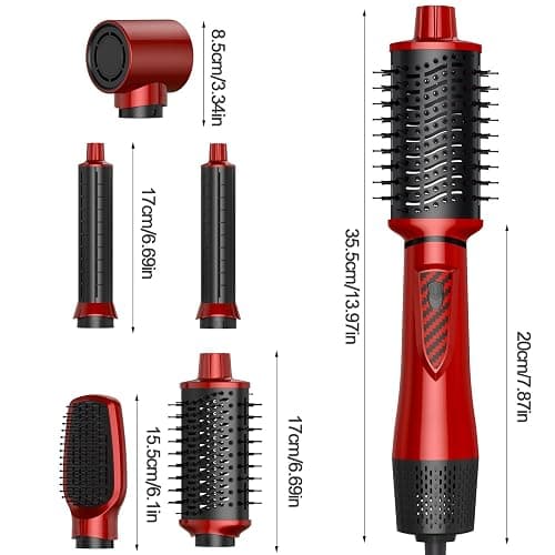 5 in 1 Air Styler Set & Hair Dryer Brush, Low-Speed Negative Ionic Hair Styler Drying, Multi Hair Styler, Professional Blow Dryer Brush for Curling Volumizing Straightening Styling (Red+Black) thumbnail 8