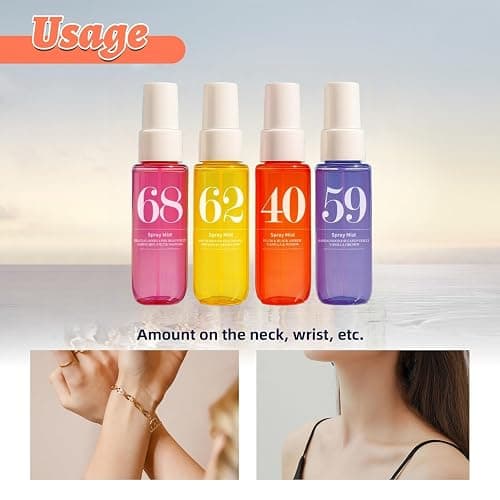 40ml*4pcs Damen Parfüm Bodyspray Set,langanhaltend Parfüm Bodyspray Damen mit fruchtigem Duft,Reisegröße Body Mist für Haar Körper, Feuchtigkeitsspendend Fruchtiges Body Mist,Befeuchtet die Haut thumbnail 4