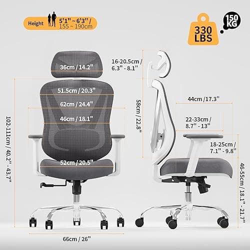 HOLLUDLE Silla de Oficina ergonómica con Soporte Lumbar 3D y reposabrazos 3D Ajustables – Diseño en Forma de V, Silla de Escritorio cómoda para Oficina y hogar, Blanca thumbnail 3