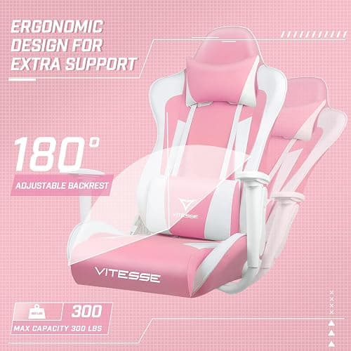 Pink Gaming Chair for Girl, Cute Kawaii Racing Office Desk Chair,Adjustable High Back Swivel Leather Game Chair with Lumbar Support and Headrest thumbnail 5