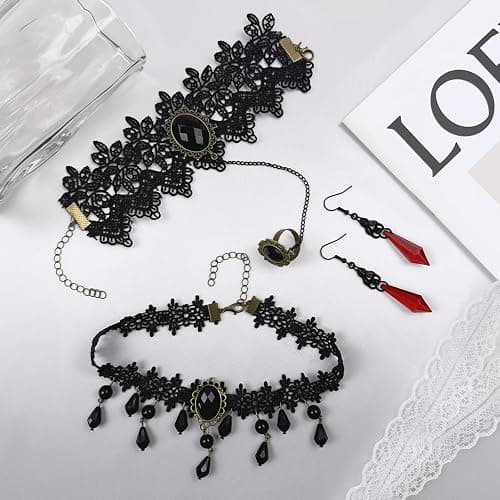 Gothic Black Necklace for Women Victorian Velvet Leather Lace Collar Necklace Adjustable Layered Heart Cross Choker Red Crystal Bat Earrings Goth Jewelry for Halloween thumbnail 7