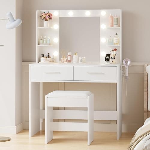 YESHOMY Vanity Desk with Mirror, Makeup Table with 2 Large Drawers, Power Outlet and Round Holder, 3 Color Modes Adjustable Bulb, Bench Included, Easy Assembly, Gloss White thumbnail 3