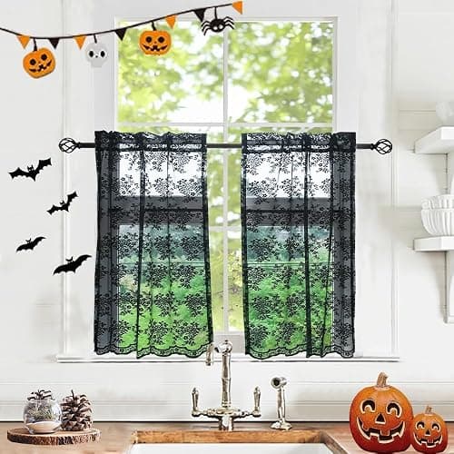 YJ YANJUN Gothic Lace Curtains Short 24 inch Length Set of 2 Victorian Half Kitchen Curtains Light Filtering Small Window Curtains for Bathroom RV Halloween Goth Dark Room Decor 26 x 24 Black - Image 1