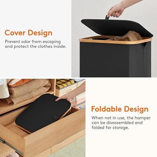 Lifewit 100L Laundry Basket with Lid, Clothes Hampers for Laundry with Bamboo Handles and 1 Removable Bag, Large Foldable Laundry Hamper for Bedroom, Bathroom, Dorm, Laundry Room, Black thumbnail 7