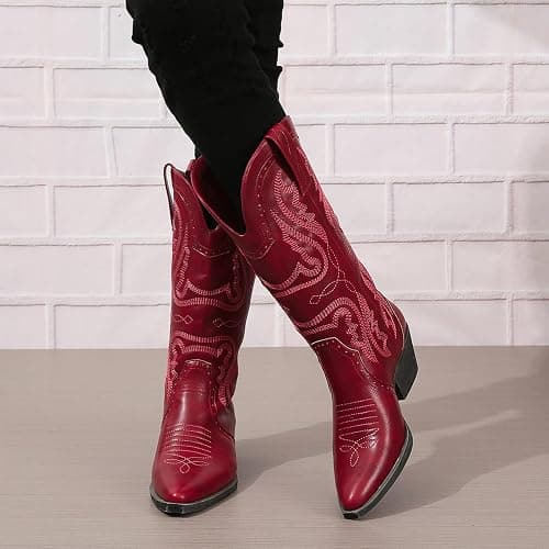 Cowboy Boots for Women Cowgirl Mid Calf Western Boots Embroidered Stitched Pointed Toe Chunky Block Heel Brown Red Black US5-11 thumbnail 5
