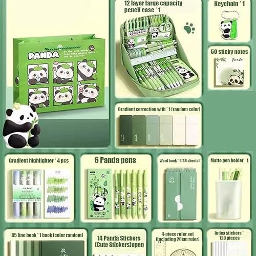 School Panda Set – Cute Stationery Supplies, Notebook Ruler Keychain, Pens Pencil Case Stickers Tab Kit With Adorable Pandas Feature | Girls Teens Students Boys Home Classroom Study Use thumbnail 4