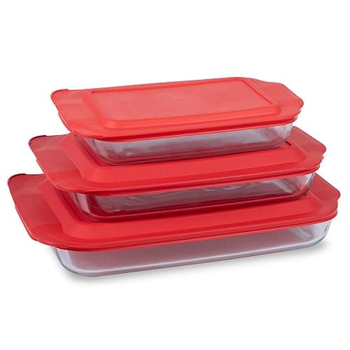 Pyrex Basics 3-Pack Glass Baking Dish Set (2QT, 3QT, 4.8QT) With BPA-Free Lids, Rectangular Glass Bakeware, Dishwasher, Microwave, Freezer & Pre-Heated Oven Safe - Image 1
