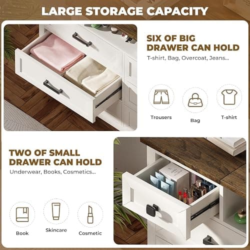 BROTTAR Dresser with Mirror for Bedroom, Chest of Drawers with LED Mirror, 8 Drawer Dresser, White Dressers for Kids, Wood Dressers, Farmhouse Makeup Vanity with Storage for Bedroom thumbnail 6