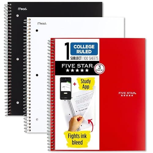 Five Star Spiral Notebooks + Study App, 3 Pack, 1 Subject, College Ruled Paper, Pockets, 100 Sheets, Home School Supplies for College Student or K-12, 11” x 8-1/2", Black, White & Red (73055) - Image 1