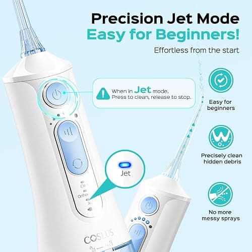 COSLUS C51 Portable Water Flosser for Teeth: 3 Modes & 6 Pressure Settings with Jet Mode Water Dental Pick for Orthodontic, Braces, Sensitive Gums, Compact for Travel, 300ML for Multiple Users, White thumbnail 5