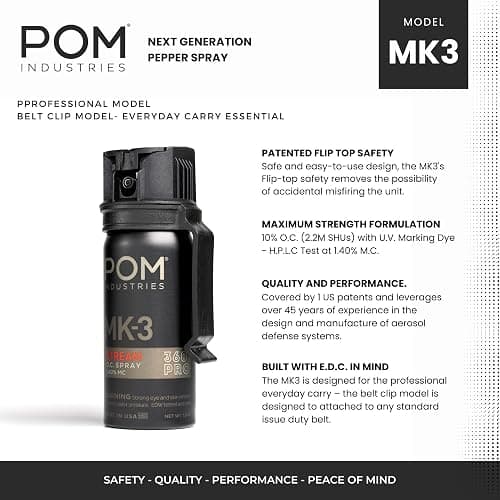 POM MK3 Pepper Spray, Belt Clip Model, Maximum Police Strength OC with UV Marking Dye, Quick Flip Top Safety, 360° Performance At Any Angle, Powerful Accurate Stream, 18 ft Range, 1.8 fl oz thumbnail 2
