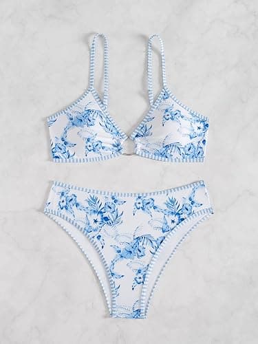 Fanuerg Women's Triangle Bikini Sets O Ring Linked Two Piece Swimsuits Floral Printed Cheeky Bathing Suit thumbnail 4