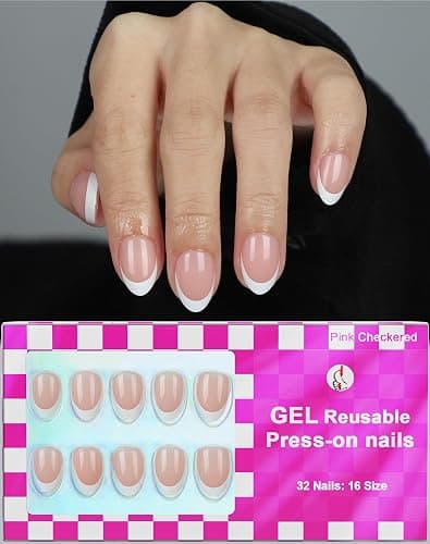 LY LANYOS 16 size white french tip almond press on nails for women,32 pcs super short petite oval nails with glue and stick ，nude french - Image 1