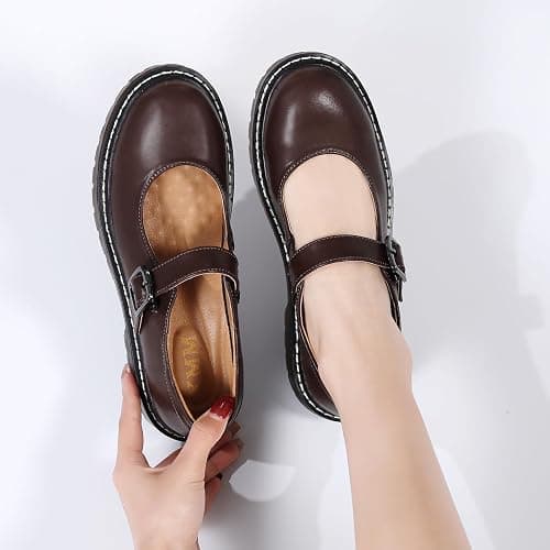 XMM Mary Jane Shoes Women Oxford Shoes Leather Round Toe Flats Non-Slip Ankle Buckle Strap Comfort Casual Dressy Cosplay Party School Work Shoes thumbnail 2
