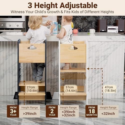 COSYLAND Toddler Standing Tower Adjustable Height - Super Stable Kids Kitchen Stool Helper - 3 Levels Adjustable Wooden Toddler Kitchen Stool (Natural & White) thumbnail 2
