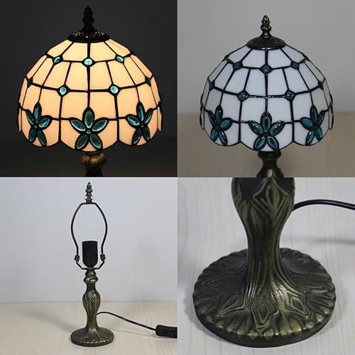 tuomoxte Tiffany Style Table Lamp, 8 Inch Stained Glass Lamp, Small Antique Table Lamp, Bedside Nightstand Lamp for Bedroom,Living Room Home Office, Blue Flower Pattern, Include LED Bulb thumbnail 4
