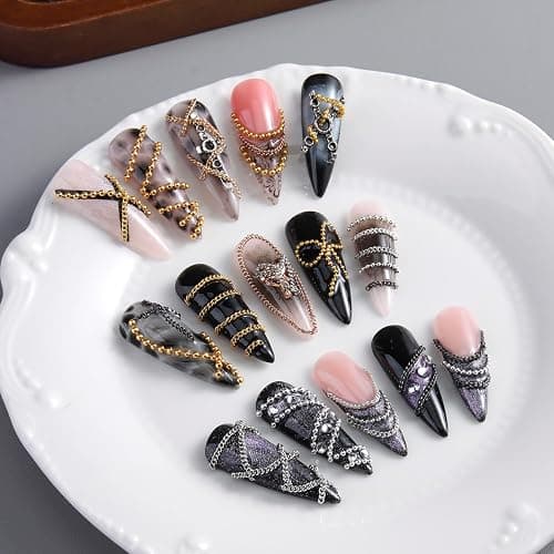 12 Strips Metal Chain 3D Nail Art Charms, Punk Alloy Nail Rivets Jewelry | Gold Silver Dark Gray Nail Chains, Gothic Manicure Accessories for Women, DIY Crafts Decorations thumbnail 8