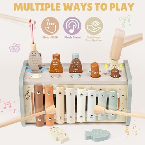 Joyreal Wooden Montessori Toys for 1 Year Old Hammering Pounding Toys | Xylophone, Fishing Game, Gears, Educational Toddler Activities, Christmas Birthday Gifts for 1 2 3 Year Old, Neutral Color thumbnail 6