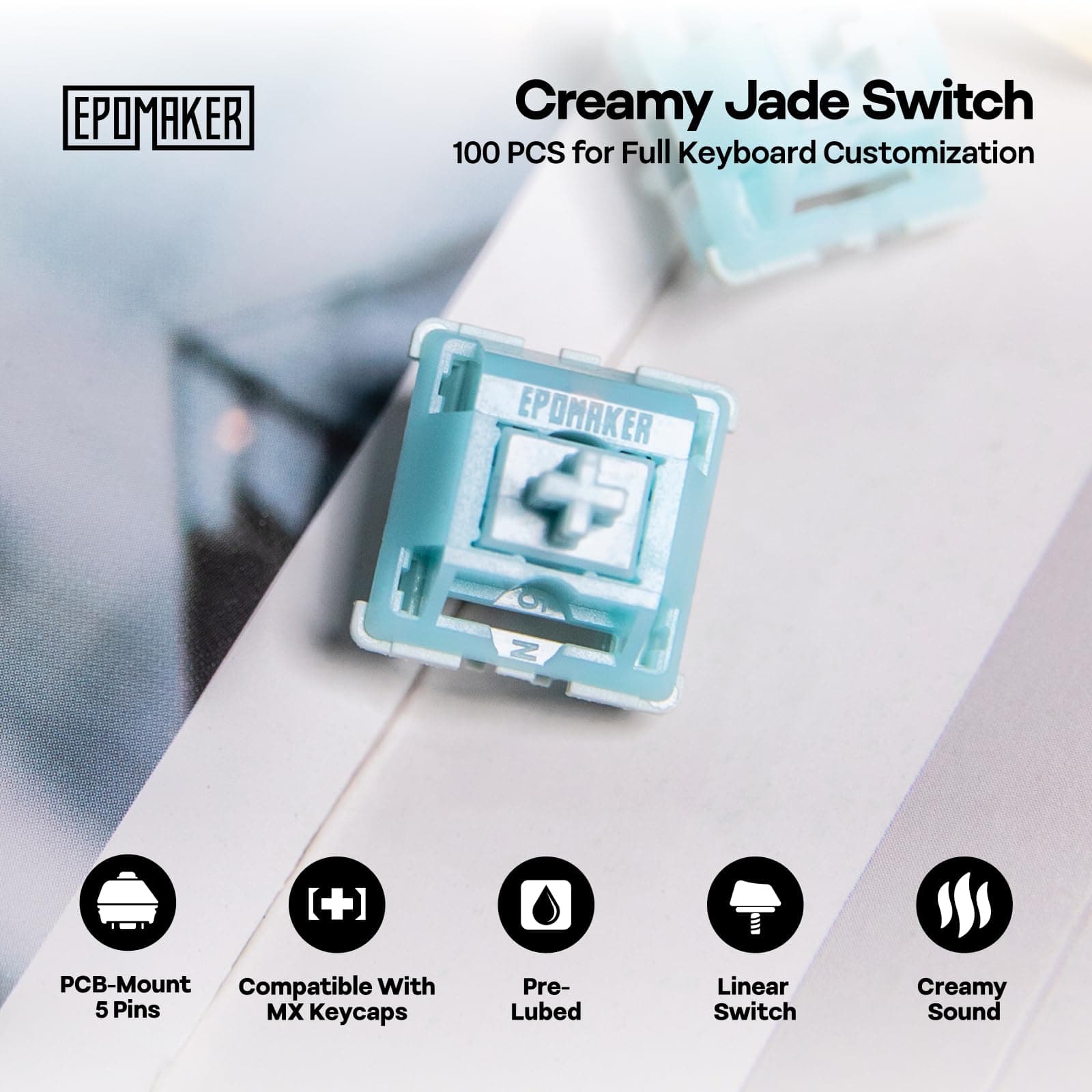 EPOMAKER Creamy Jade 45gf Gaming Keyboard Switches, 100 PCS Linear Switch, 5-Pin Pre-Lubed Switch, with PC/PA66 Case, POK Stem, Compatible with MX Keycaps for Mechanical Keyboard thumbnail 2
