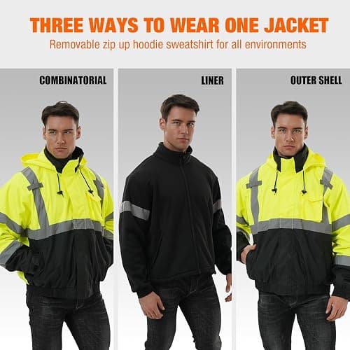 SKSAFETY 3-in-1 High Visibility Winter Bomber Jackets Zip Out Fleece Liner Reflective Safety Coats for men Waterproof ANSI/ISEA Class 3(Lime 3XL) thumbnail 2