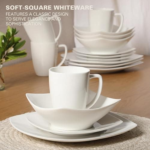 Gibson Home Zen Buffet Porcelain Chip and Scratch Resistant Dinnerware Plates, Bowls, and Mugs Set, Service for 4 (16pcs), White (Square Dishes) thumbnail 4