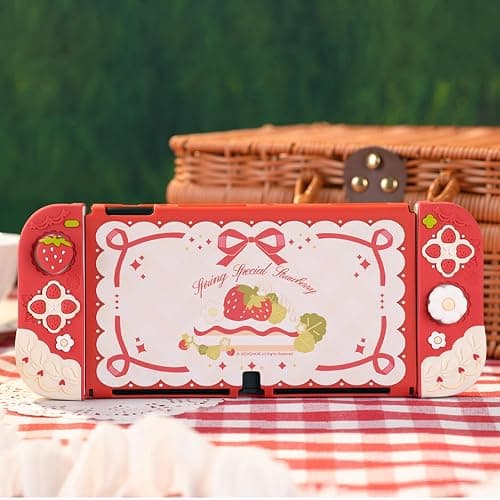 GeekShare Protective Case for Switch OLED Slim Cover Case Compatible with Switch OLED Separable Soft Silicone Protective Shell for Joystick with 2 Thumb Grip Caps - Strawberries with Cream thumbnail 6