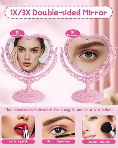 XPXKJ 7 Inch Vintage Heart Mirror - Elegant Desk Makeup Mirror with Double Sided 360 Degree Rotation Vanity Mirror for Coquette Room Decor thumbnail 5